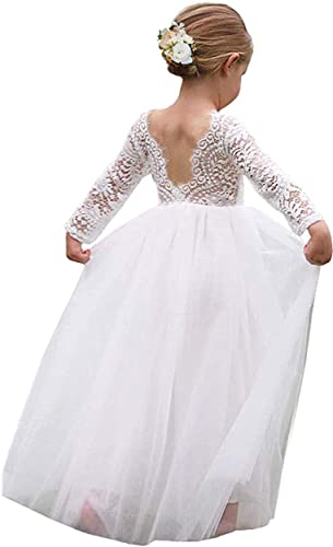 Girl Toddler Full-Length Straight Tulle Tutu Lace Back Party Flower Girl Dress (3-4T, Sleeve-White)