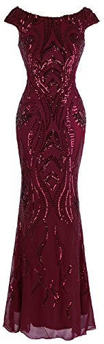Angel-fashions Women's Bateau Cap Sleeve Floral Sequin Sheath V Back Evening Dress (XL, Red)