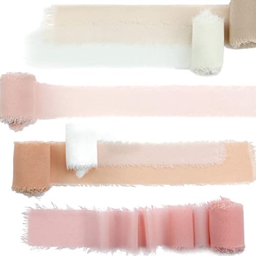 6 Rolls Handmade Fringe Chiffon Silk Ribbon Nude Pink
