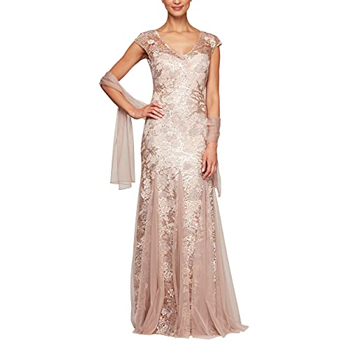 Long V Neck Fit and Flare Dress with Shawl (Petite Regular), Rose Gold, 6