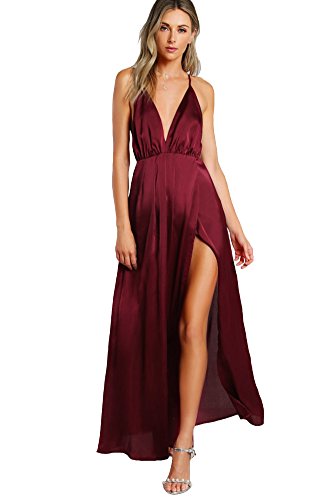 SheIn Women's Sexy Satin Deep V Neck Backless Maxi Club Party Evening Dress Burgundy X-Small