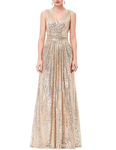 Kate Kasin V Neck Shining Sequin Evening Plus Size Prom Dress Light Gold US12 KK199