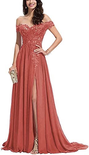 Dimei Lace Off Shoulder Prom Dresses Long with Slit A-Line Chiffon Bridesmaid Dresses for Women Formal Dresses with Train Watermelon 2