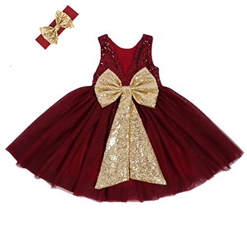 Cilucu Flower Girl Dress Baby Toddlers Sequin Dress Tutu Kids Party Dress Bridesmaid Wedding Gown Birthday Dress Wine Gold Burgundy 4T-5T