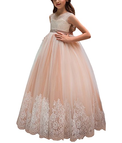 Flower Girl Dress for Wedding Kids Lace Pageant Ball Gowns (Size 2, Blush Pink)