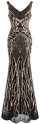 Angel-fashions Women's V Neck Backless Floral Sequin Bodycon Evening Dress XXLarge Gold