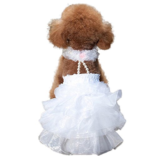 WORDERFUL Dog Wedding Dress Bride Outfit with Pearl Necklace and Rose Pet Princess Formal Apparel for Puppy Cat (Medium)