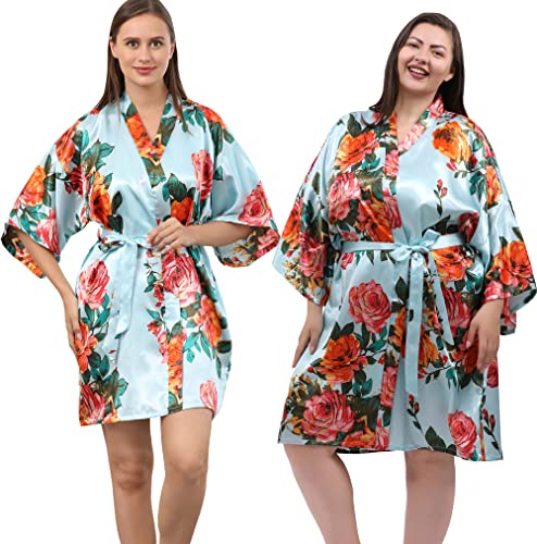 QXQTER Peony Floral Silk Kimono Robe Bride Bridal Bridesmaid Robes Dressing Gown Housecoat Bathrobe for Women (Light blue, Large-X-Large)