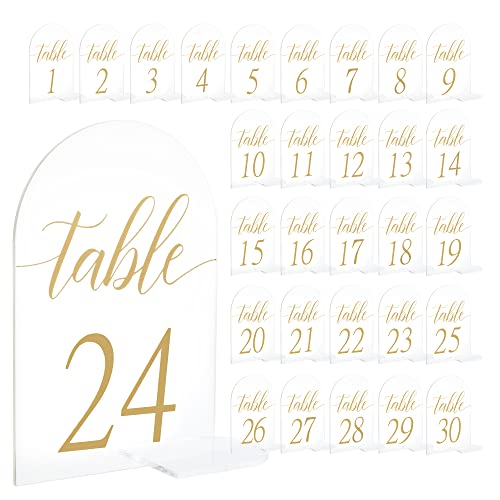 30 Sets Arch Acrylic Sign Gold Printed Table numbers, Wedding table number for Wedding Reception Hotals Acrylic Sheets with Place Card Holder(4 x 6 Inch)
