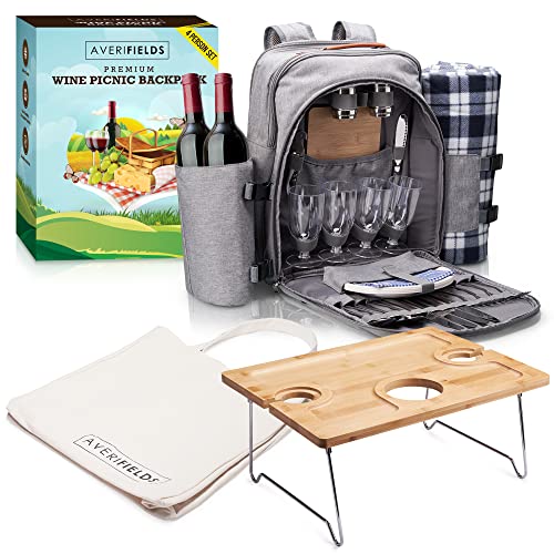 AveriFields Picnic Backpack, Durable Picnic Bag with Premium Cutlery Set for 4 Person, Large Insulated Cooler Compartment, Wine Holder, Waterproof Fleece Blanket, Tote Bag, Portable Wine Table/Tray